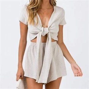 Princess Polly Ragnar Tie Front Romper Beige Size 8